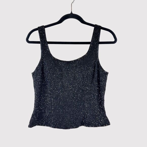 Cache Tops - VINTAGE Cache Women Top Black Tank Allover Beaded Pure Silk Sparkle Bling Medium